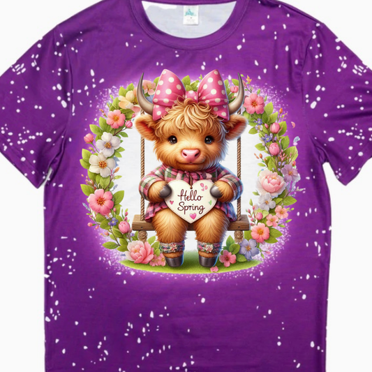 T-Shirts Faux Bleached - HIGHLAND COW HELLO SPRING