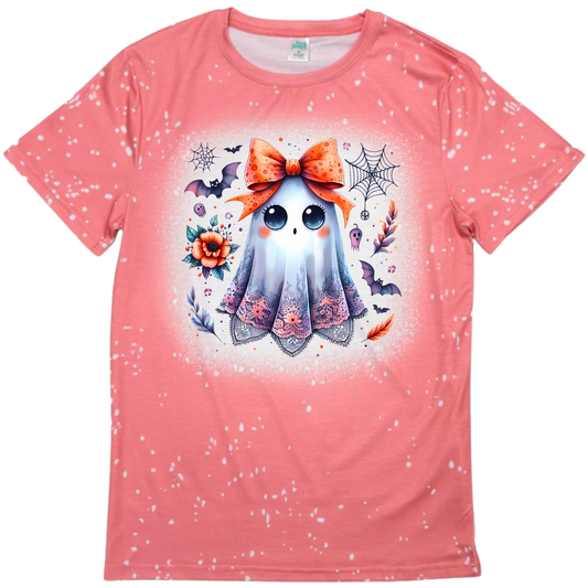 T-Shirts Faux Bleached - HALLOWEEN GHOST ORANGE BOW