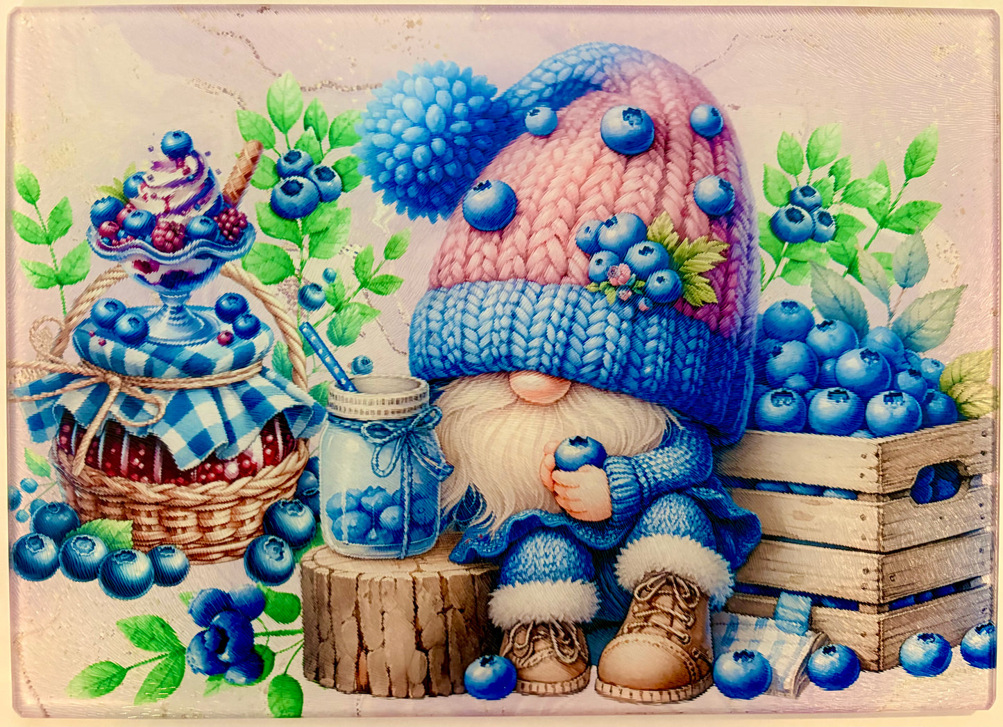 Tempered Glass Cutting Board Gnomes Blueberries Galore