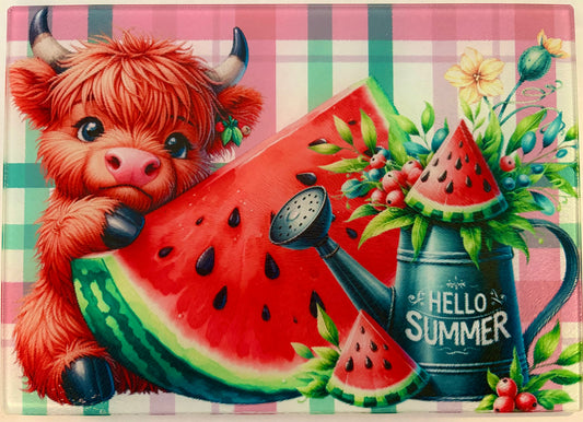 Tempered Glass Cutting Board Highland Cow Watermelon Hello Summer