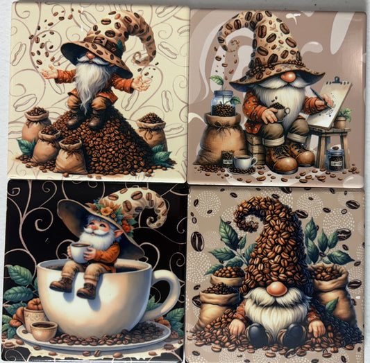 Coasters 4/pk - GNOME COFFEE BEAN HATS