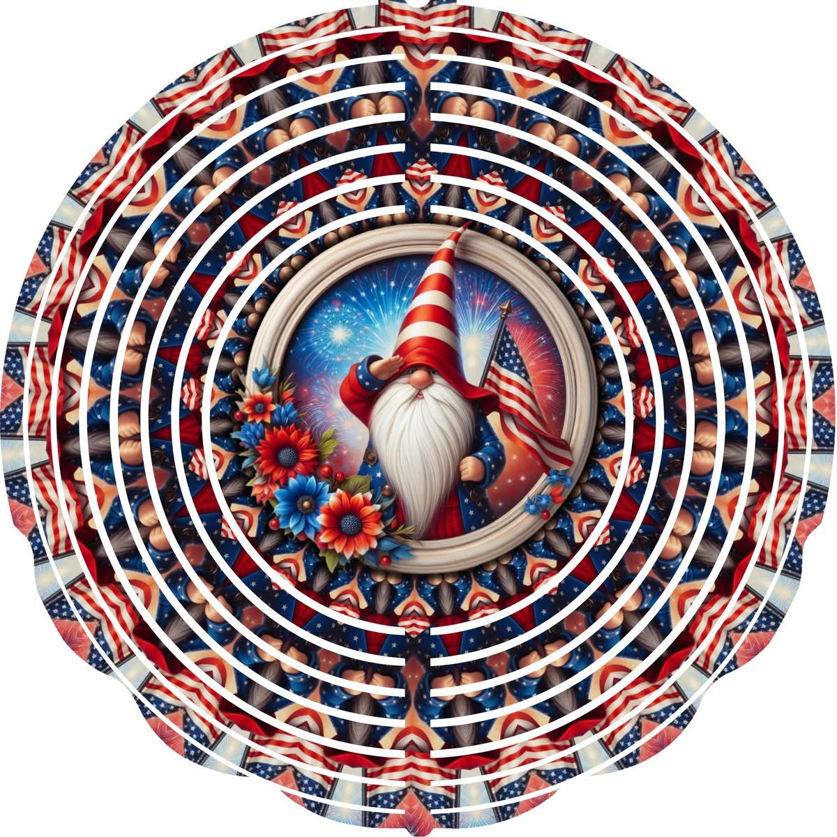 Wind Spinner with Jewel Strand Gnome American Flag Salute