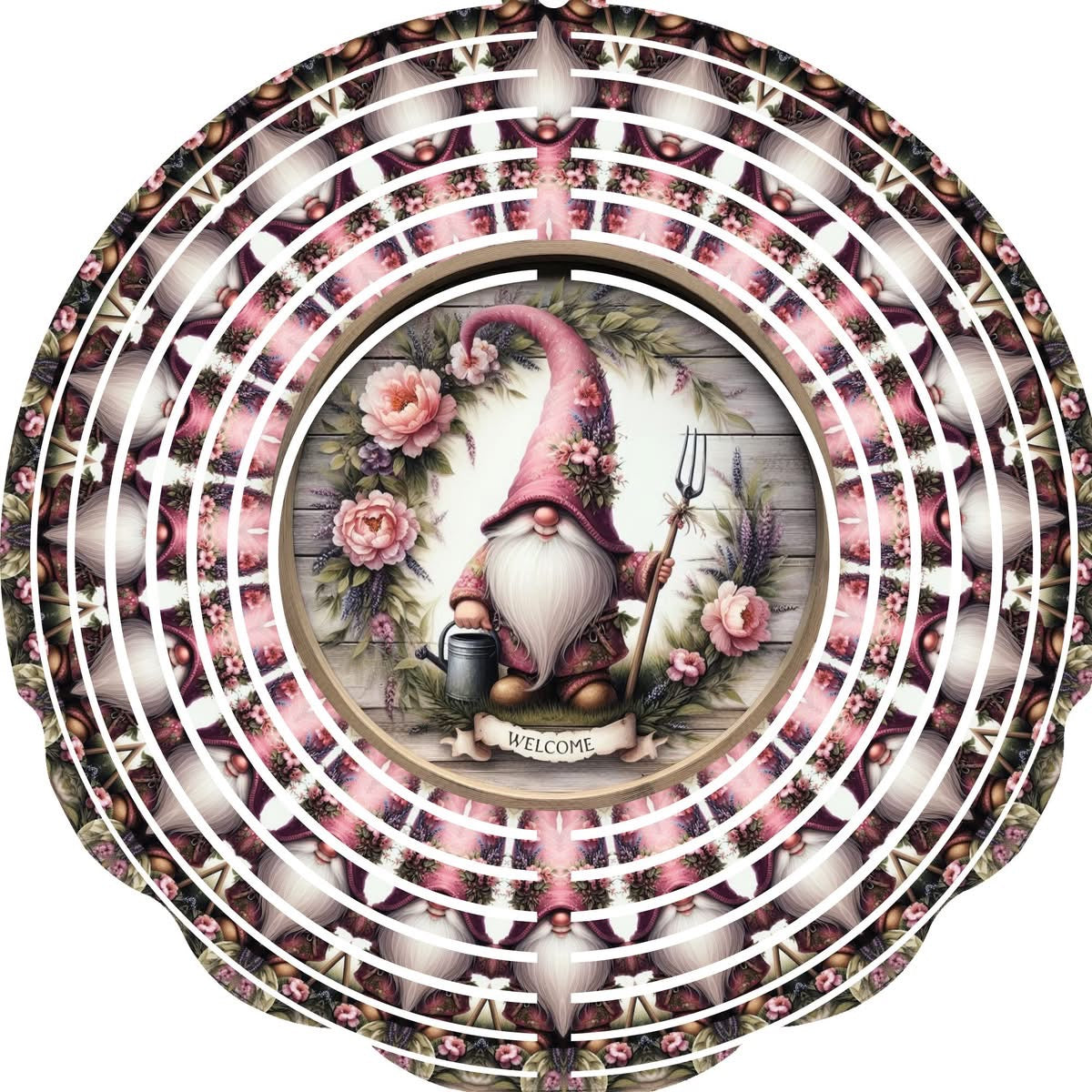 Wind Spinner with Jewel Strand Gnome Gardening Welcome