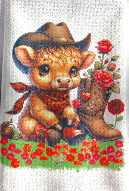 TOWELS - HIGHLAND COW HAT WITH FLOWERS IN BOOT
