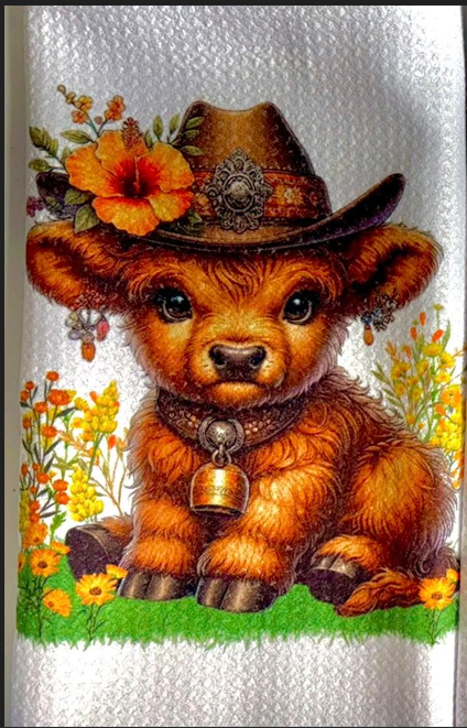 TOWELS - HIGHLAND COW HAT ORANGE FLOWER