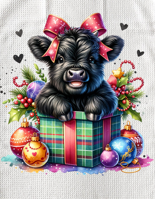 TOWELS - HIGHLAND COW CHRISTMAS PLAID PRESENT