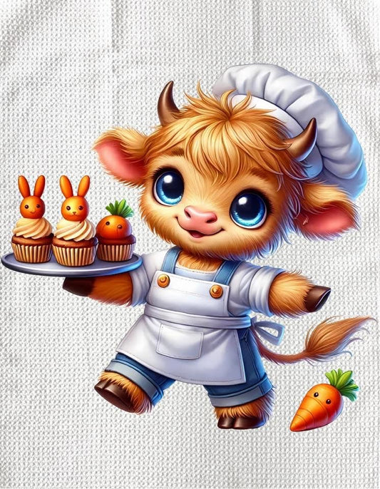 TOWELS - HIGHLAND COW BAKING CARROT CUPCAKES