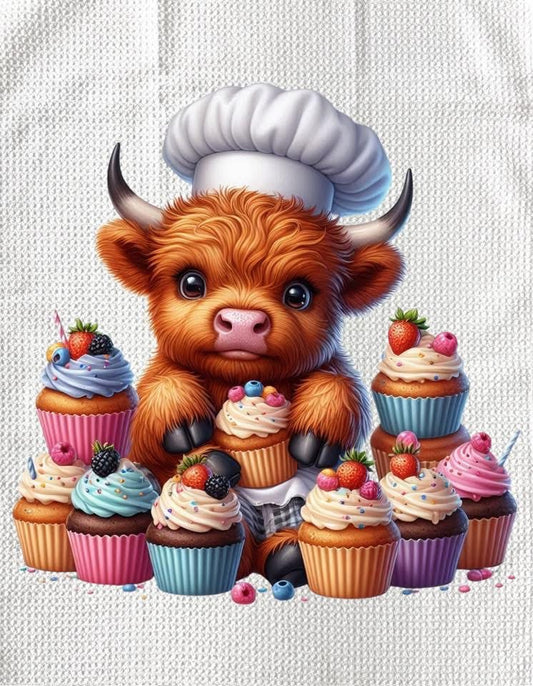 TOWELS - HIGHLAND COW BAKING CUPCAKE WITH BERRIES