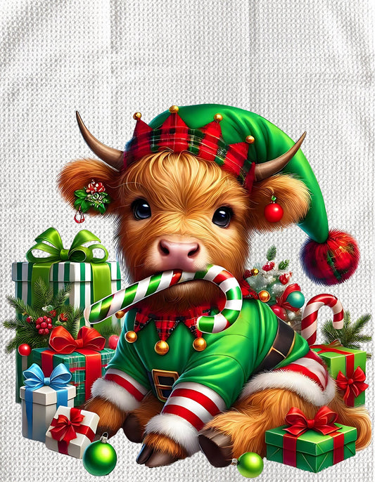 TOWELS - HIGHLAND COW CHRISTMAS ELF
