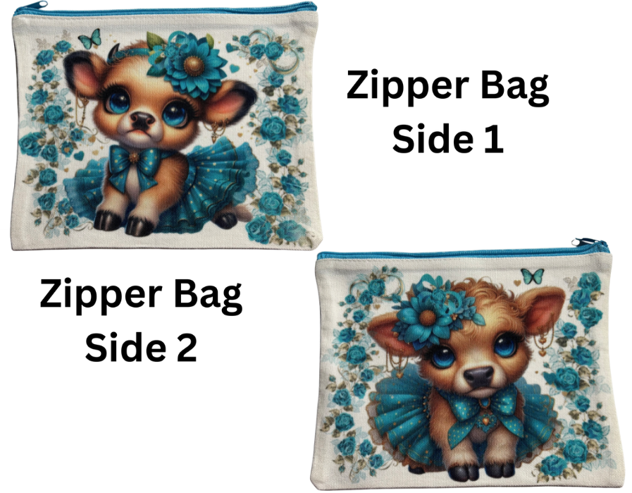 ZIPPER BAG - HIGHLAND COW TEAL TUTU