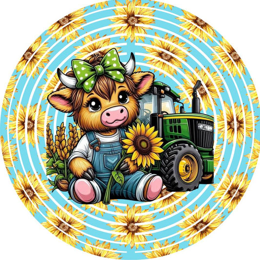WIND SPINNER - HIGHLAND COW SUNFLOWER TRACTOR