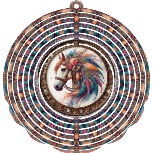Wind Spinner with Jewel Strand Horse Colorful Feathers