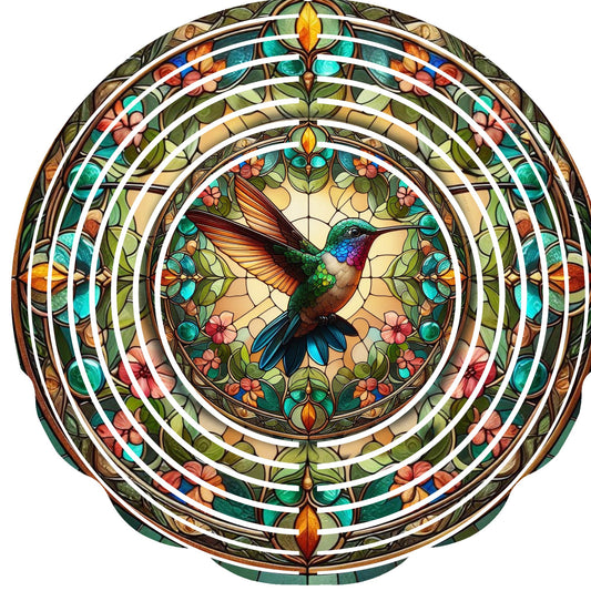 Wind Spinners with Jewel Strand Bird Hummingbird Golden Stained Glass