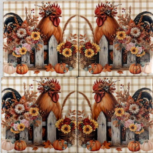 Coasters 4/pk - CHICKEN/ROOSTER FALL FENCE