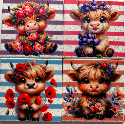 Coasters 4/pk - HIGHLAND COWS STRIPPED BACKGROUND