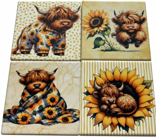 Coasters 4/pk - HIGHLAND COWS SUNFLOWERS PJ'S