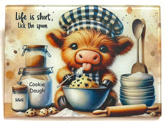 Tempered Glass Cutting Board Highland Cow Life is Short Lick the Spoon