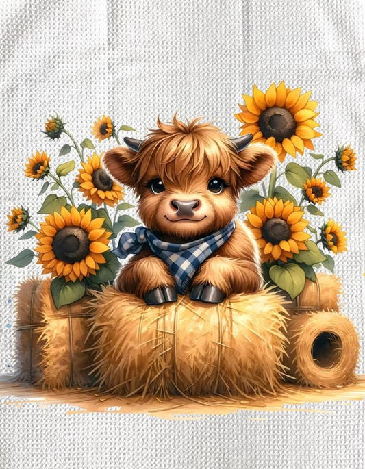 TOWELS - HIGHLAND COW SUNFLOWERS HAYBALE