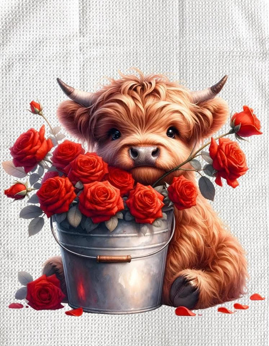 TOWELS - HIGHLAND COW FLOWERS PAIL RED