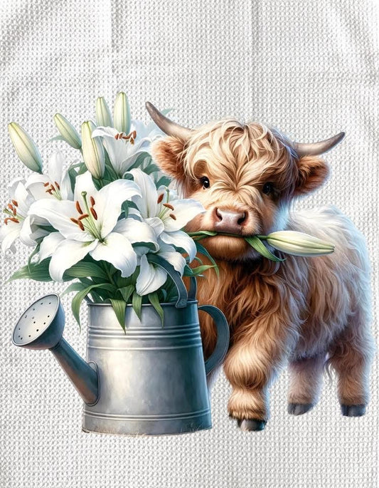 TOWELS - HIGHLAND COW FLOWERS WATERCAN