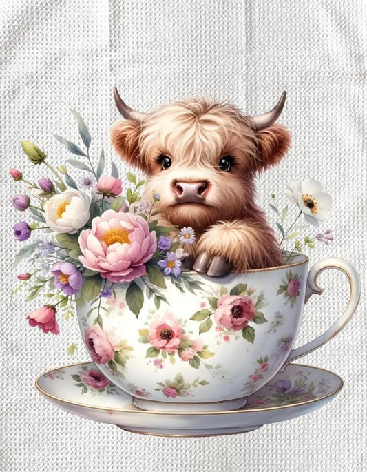 TOWELS - HIGHLAND COW TEACUP SITTING IN FLORAL CUP