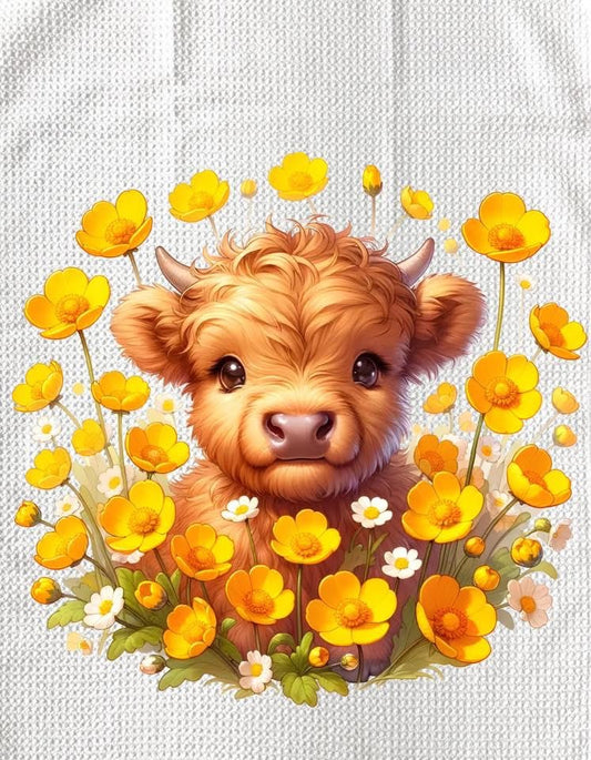 TOWELS - HIGHLAND COW FLOWERS YELLOW