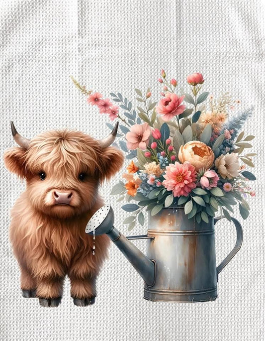 TOWELS - HIGHLAND COW FLOWERS WATERCAN ARRANGEMENT