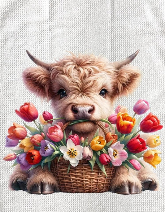 TOWELS - HIGHLAND COW FLOWERS BASKET TULIPS