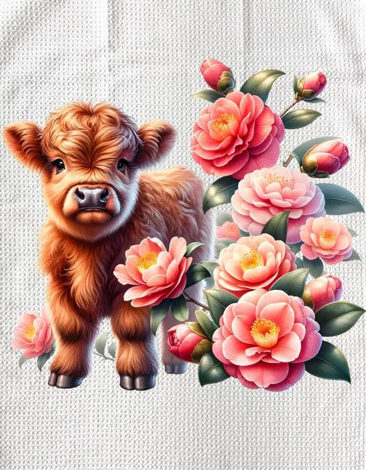 TOWELS - HIGHLAND COW FLOWERS LARGE PINK