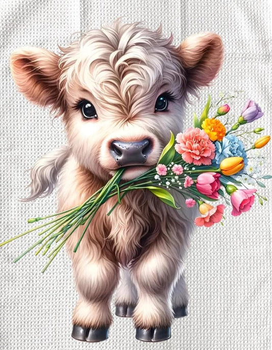 TOWELS - HIGHLAND COW FLOWERS HOLDING BOUQUET