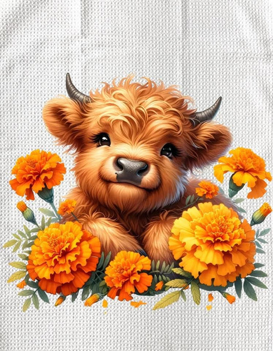 TOWELS - HIGHLAND COW FLOWERS ORANGE