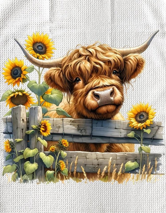 TOWELS - HIGHLAND COW SUNFLOWERS FENCE