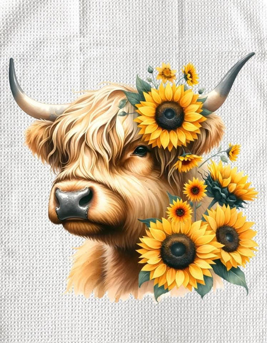 TOWELS - HIGHLAND COW SUNFLOWERS SIDEVIEW