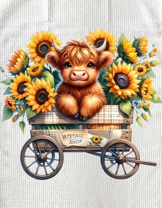 TOWELS - HIGHLAND COW SUNFLOWERS WAGON SHOP