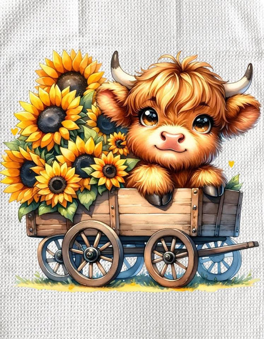TOWELS - HIGHLAND COW SUNFLOWERS WAGON