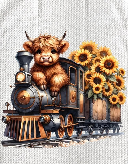TOWELS - HIGHLAND COW SUNFLOWERS TRAIN