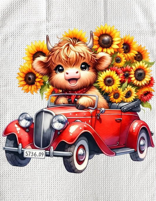 TOWELS - HIGHLAND COW SUNFLOWERS RED CAR