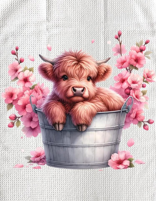 TOWELS - HIGHLAND COW FLOWERS PAIL PINK