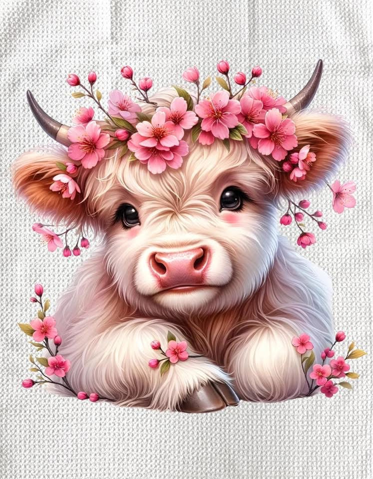 TOWELS - HIGHLAND COW FLOWERS HEADBAND CHERRY BLOSSOM