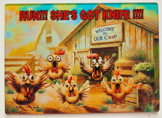 Tempered Glass Cutting Board Chicken/Rooster Run She's Got a Knife