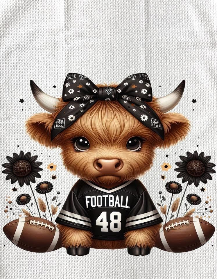 TOWELS - HIGHLAND COW FOOTBALL BLACK BOW