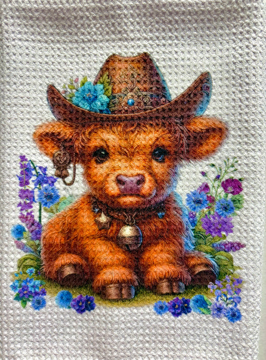 TOWELS - HIGHLAND COW HAT BLUE FLOWER