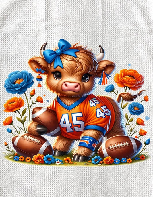 TOWELS - HIGHLAND COW FOOTBALL BLUE BOW ORANGE