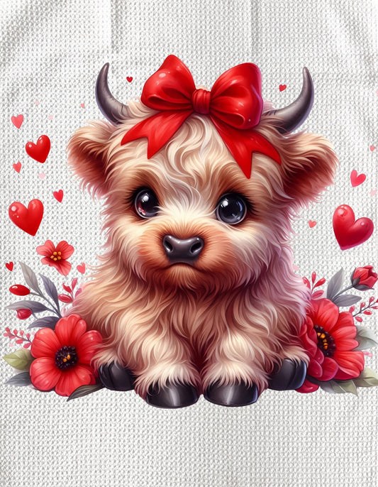 Towels - VALENTINES HIGHLAND COW RED FLOWERS