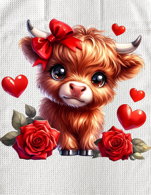 Towels - VALENTINES HIGHLAND COW RED BOW & 2 ROSES