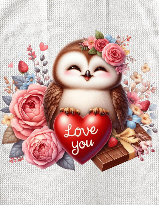 TOWELS - VALENTINE'S ANIMAL OWL SITTING ON HEART