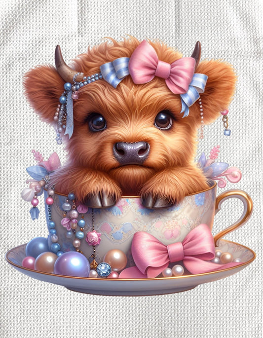 TOWELS - HIGHLAND COW TEACUP PINK & BLUE BOW