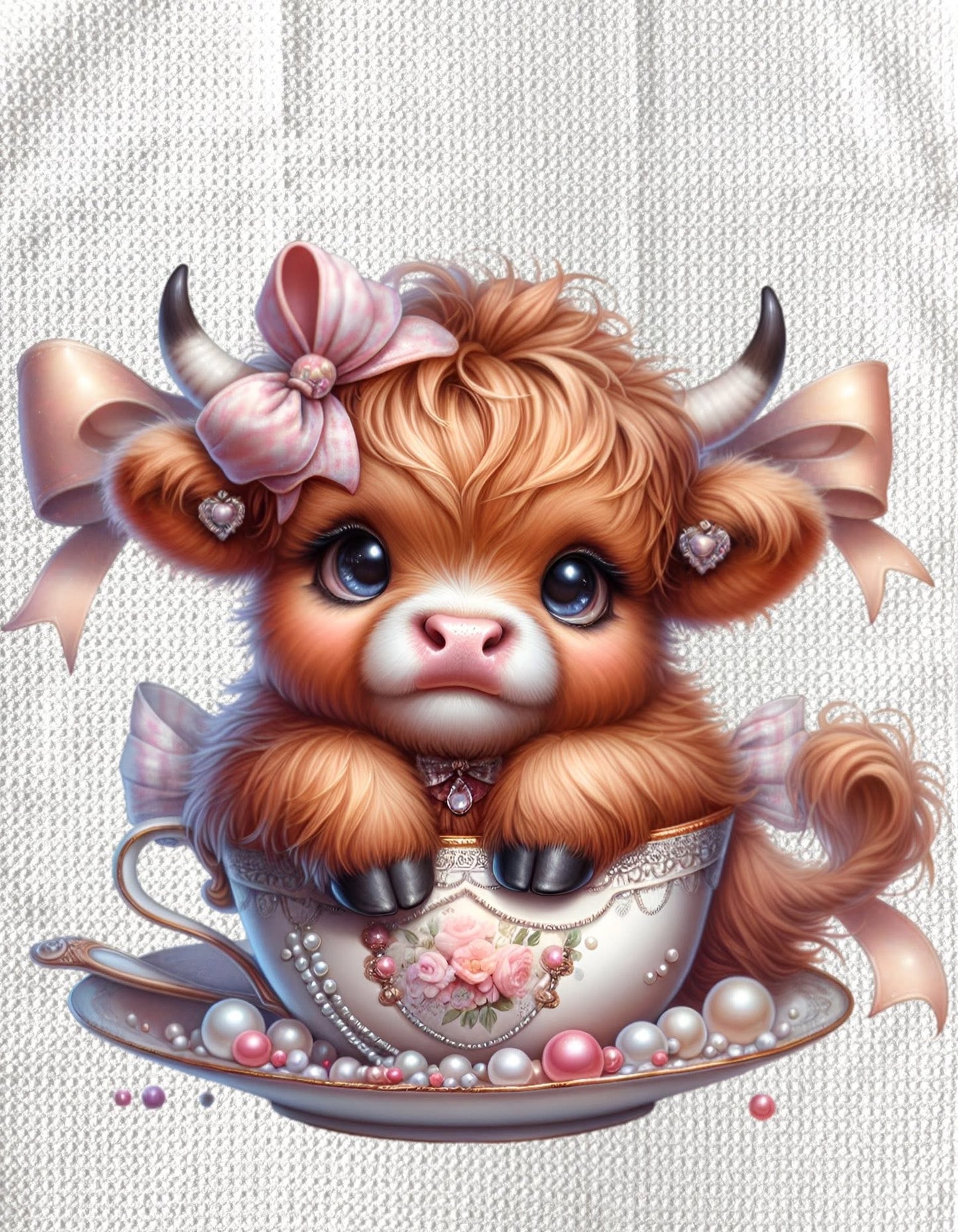 TOWELS - HIGHLAND COW TEACUP WITH ROSE BOUQUET