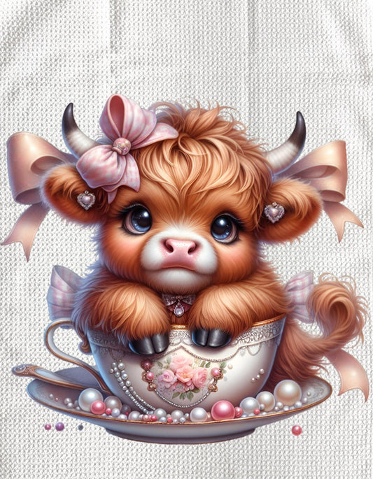 TOWELS - HIGHLAND COW TEACUP WITH ROSE BOUQUET