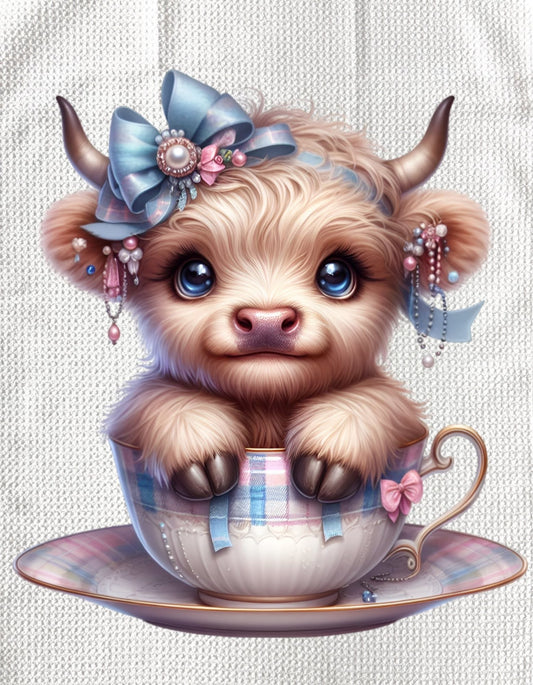 TOWELS - HIGHLAND COW TEACUP BLUE BOW
